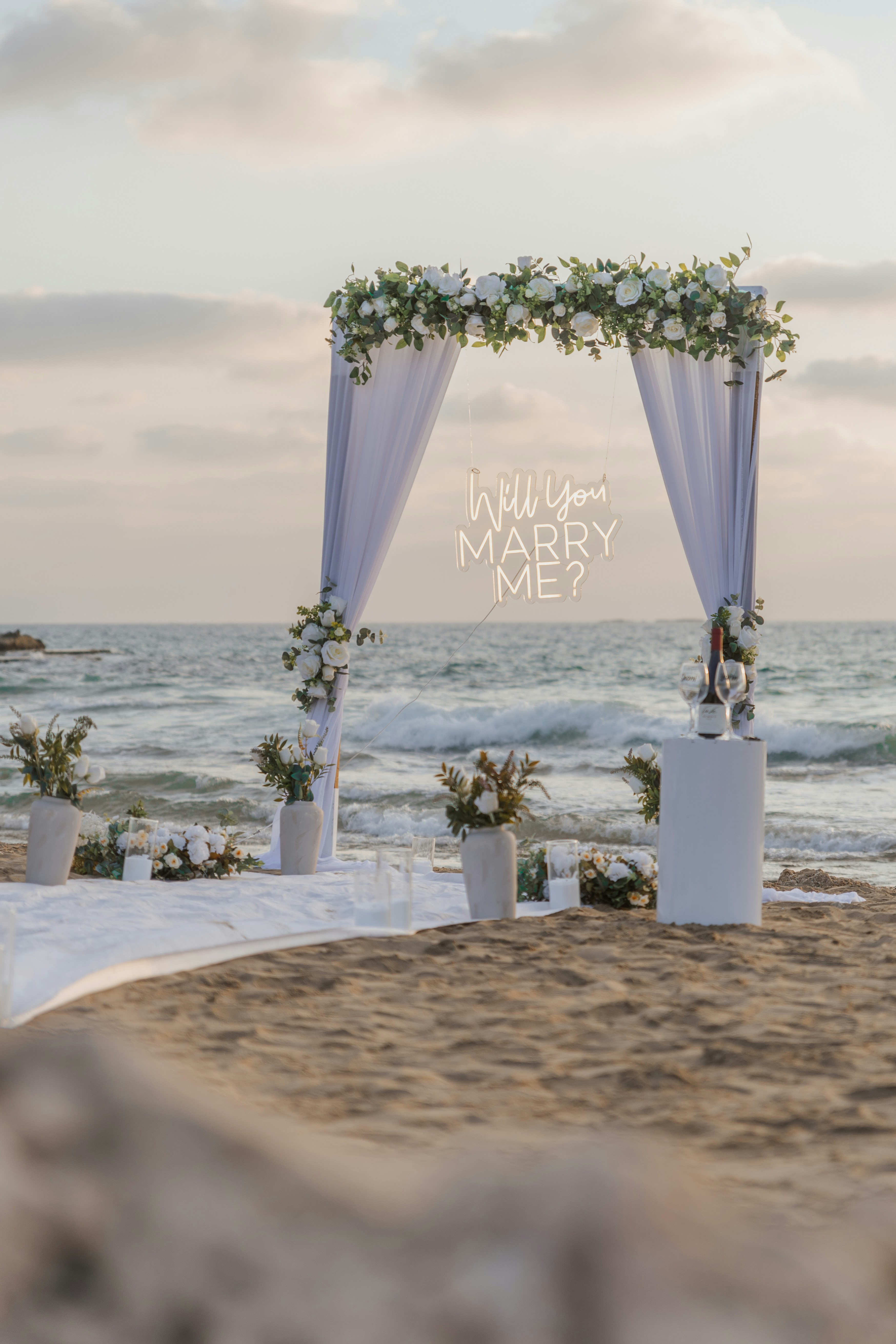 A beachfront wedding setting at golden hour in Sri Lanka
